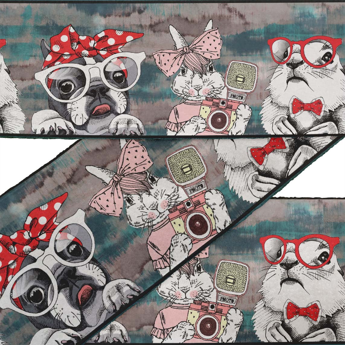 IBA Indianbeautifulart Blue Bow,Rabbit & Dog Kids Printed Ribbon&nbsp;Trim&nbsp;9 Yards Velvet Fabric Laces For Crafts Sewing Accessories 4 Inches