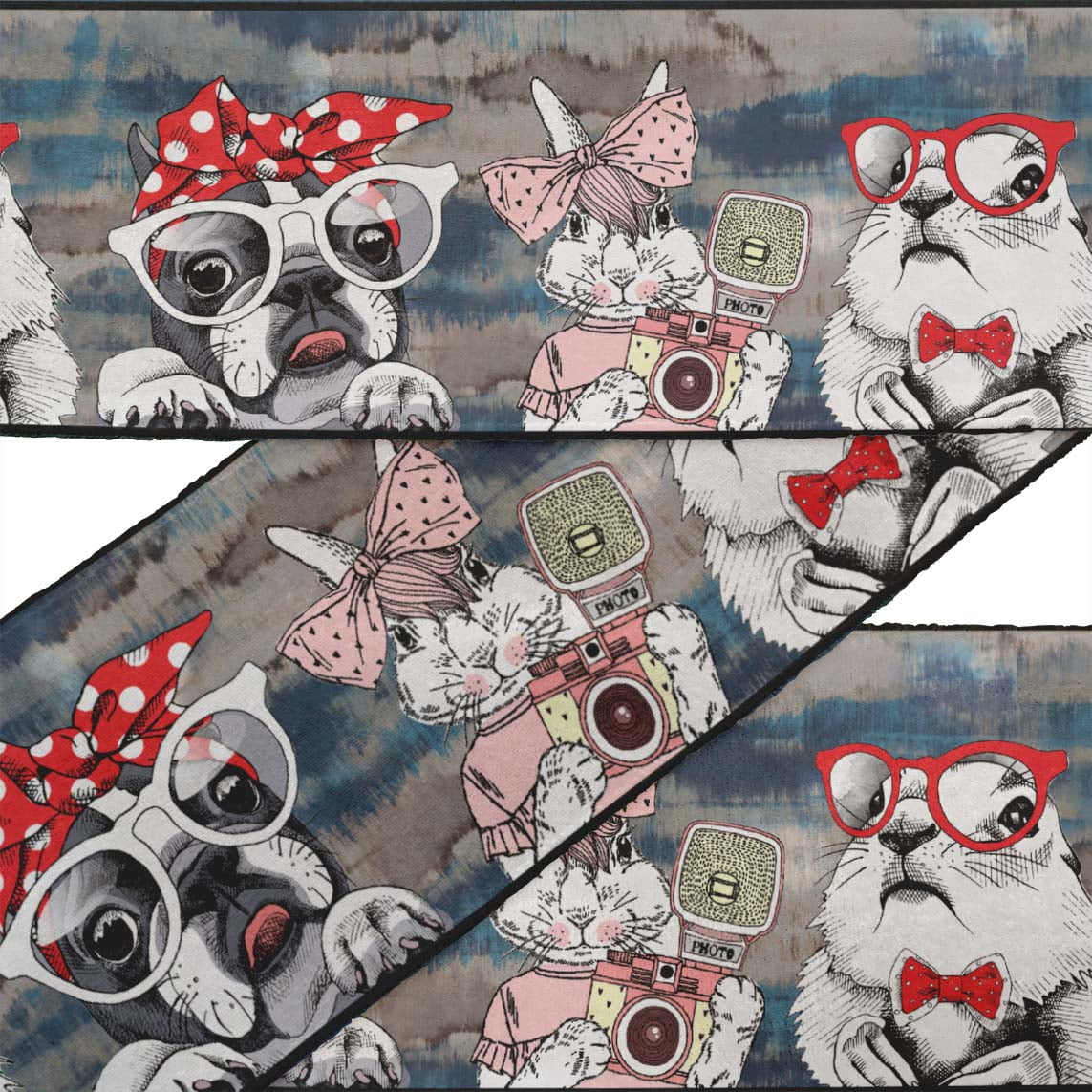 IBA Indianbeautifulart Blue Bow,Rabbit & Dog Kids Velvet&nbsp;Trim&nbsp;Fabric Sewing Fabric Lace Dressmaking Printed Sewing Lace 9 Yards 3 Inches