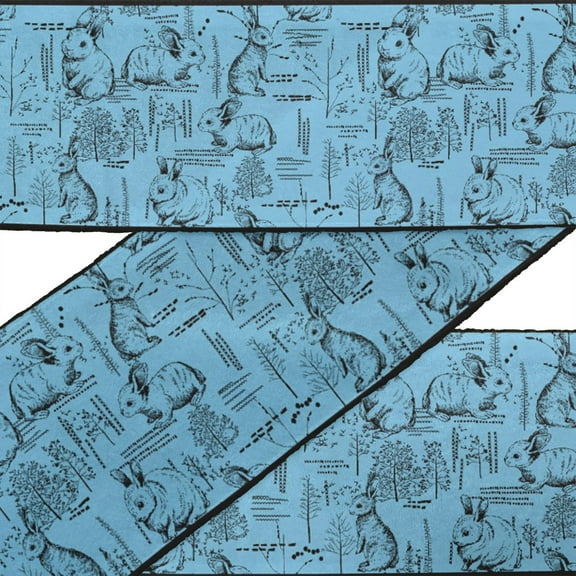 IBA Indianbeautifulart Blue Leaves & Rabbit Animal Printed Ribbon Trim By 9 Yard Dupion Fabric Laces For Crafts Sewing Accessories 3 Inches