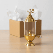 IBA Indianbeautifulart Brass Diya with Glass Cover & Om Symbol Top | 7 Inch Decorative Puja Oil Lamp with Knob | Devotional Lamp for Home Temple & Festive Decor