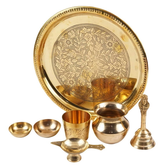 IBA Indianbeautifulart Brass Pooja Thali Set Floral Engraved Puja Aarti Thali Home Decoration Accessories, 23 cm Diameter