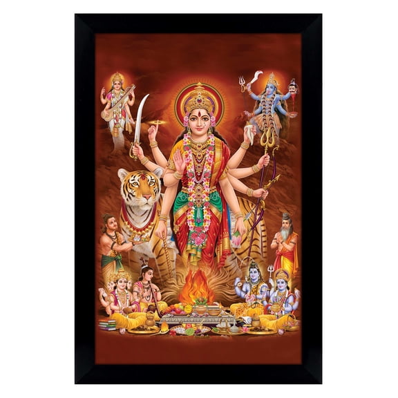 IBA Indianbeautifulart Goddess Durga With Goddess Kaali & Goddess Saraswati Picture Frame Religious Poster Black Wall Frame Deity Photo Frame Wall Decor For Home/ Office/ Temple-6 x 8 Inches