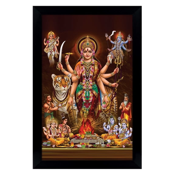 IBA Indianbeautifulart Goddess Durga With Kaali & Saraswati Picture Frame Religious Poster Black Wall Frame Deity Photo Frame Wall Decor&nbsp;For Home/ Office/ Temple-12 x 18 Inches