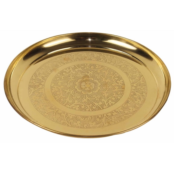 IBA Indianbeautifulart Goldtone Brass Floral Engraved Puja Thali Religious Gift, 23 cm Diameter