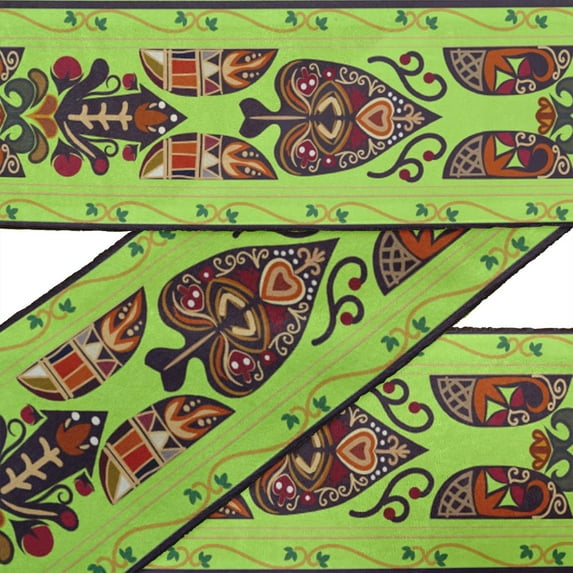 IBA Indianbeautifulart Green Poker Card Symbol Ethnic Fabric Laces For Crafts Printed Dupion Trim Fabric Sewing Border Ribbon Trims By 9 Yard 3 Inches
