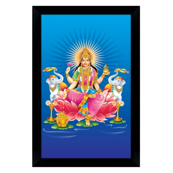 IBA Indianbeautifulart Indian Goddess Lakshmi On Lotus Showering Money Picture Frame Religious Poster For Wealth & Prosperity Home Decor Ready To Hang Black Wooden Frame