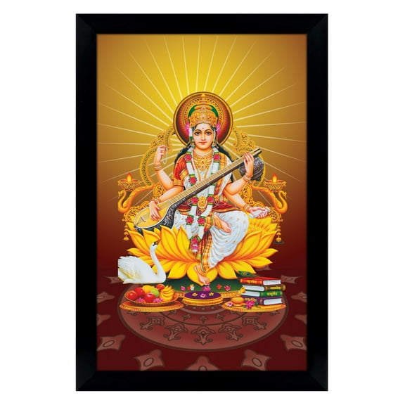 IBA Indianbeautifulart Indian Goddess Saraswati With Her Veena Sitting On Lotus Picture Frame Auspicious Hindu Goddess Of Knowledge Poster With Frame Wall Decor For Home/ Office/ Temple