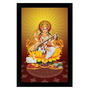 IBA Indianbeautifulart Indian Goddess Saraswati With Her Veena Sitting On Lotus Picture Frame Auspicious Hindu Goddess Of Knowledge Poster With Frame Wall Decor&nbsp;For Home/ Office/ Temple
