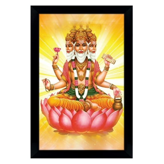 IBA Indianbeautifulart Lord Brahma On Lotus Picture Frame Religious Poster With Frame Black Wall Frame Elephant God Photo Frame Wall Decor For Home/ Office/ Temple