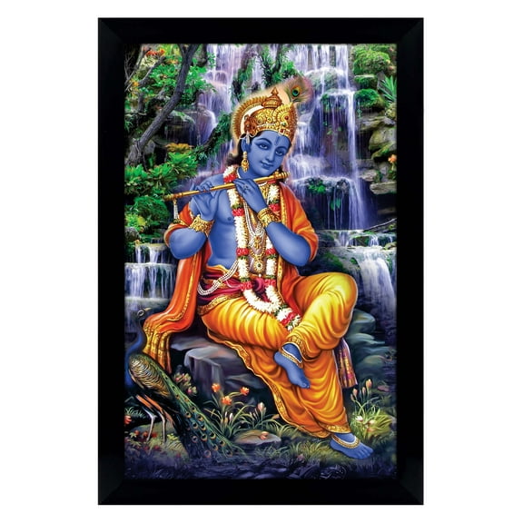 IBA Indianbeautifulart Lord Krishna Picture Frame Religious Poster Black Wall Frame Deity Photo Frame Wall Decor For Home/ Office/ Temple-6 x 8 Inches