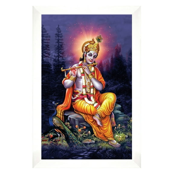 IBA Indianbeautifulart Lord Krishna Picture Frame Religious Poster White Wall Frame Deity Photo Frame Wall Decor&nbsp;For Home/ Office/ Temple-6 x 8 Inches
