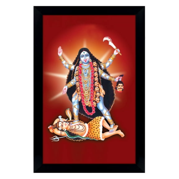 IBA Indianbeautifulart Maa Kaali Standing On Lord Shiva Poster With Frame Wall God Photo Frame Holy Hindu Religious Poster Home Decor Ready To Hang Wooden Frame