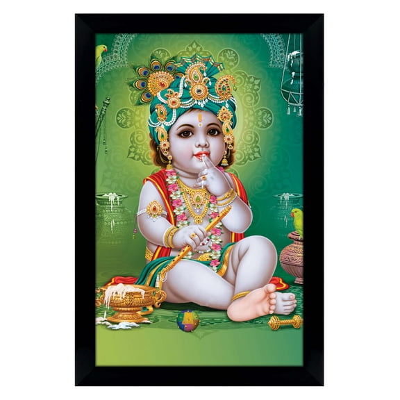IBA Indianbeautifulart Makhan Chor Baby Krishna Picture Frame Religious Poster Black Wall Frame Deity Photo Frame Wall Decor&nbsp;For Home/ Office/ Temple-6 x 8 Inches
