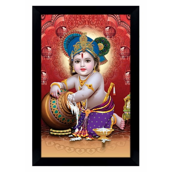 IBA Indianbeautifulart Makhan Chor Baby Krishna Picture Frame Religious Poster Black Wall Frame Deity Photo Frame Wall Decor For Home/ Office/ Temple-6 x 8 Inches