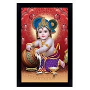 IBA Indianbeautifulart Makhan Chor Baby Krishna Picture Frame Religious Poster Black Wall Frame Deity Photo Frame Wall Decor&nbsp;For Home/ Office/ Temple-6 x 8 Inches