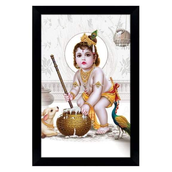 IBA Indianbeautifulart Makhan Chor Baby Krishna Picture Frame Religious Poster Black Wall Frame Deity Photo Frame Wall Decor&nbsp;For Home/ Office/ Temple-6 x 8 Inches