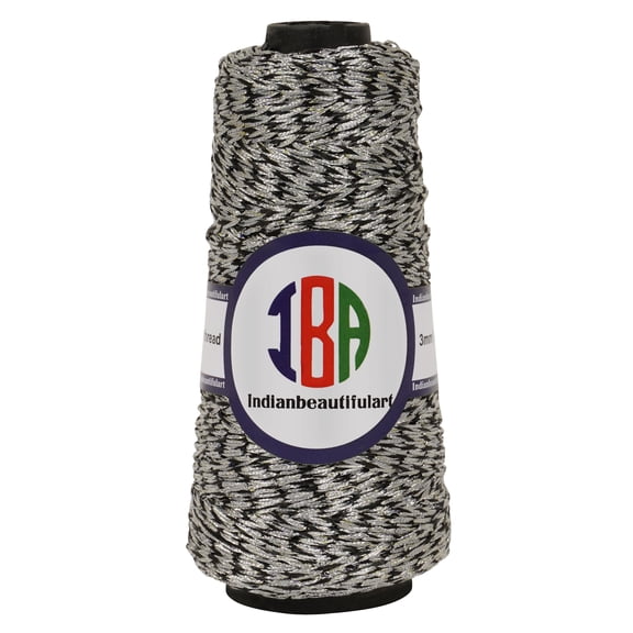 IBA Indianbeautifulart Metallic Golden Jari Twisted Cord 80 Meter Spool Embroidery All Purpose Sewing Thread DIY Arts CraftsSilver & Black|Pack Of 1