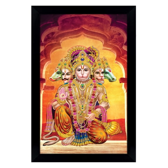 IBA Indianbeautifulart Panch Mukhi Hanuman Picture Frame Religious Poster Black Wall Frame Deity Photo Frame Wall Decor For Home/ Office/ Temple-6 x 8 Inches