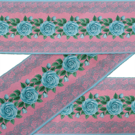 IBA Indianbeautifulart Pink Swirl|Leaves & Rose Floral Dupion Trim Fabric Sewing Fabric Lace Dressmaking Printed Sewing Lace By 9 Yard 4 Inches