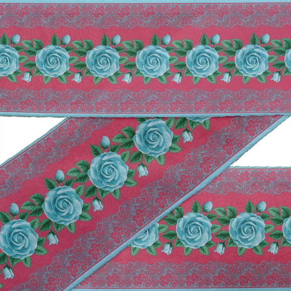 IBA Indianbeautifulart Pink Swirl|Leaves & Rose Floral Ribbon Trim Tape Fabric Laces For Crafts Printed Dupion Trim By 9 Yard Sewing Accessories 3 Inches