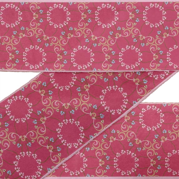 IBA Indianbeautifulart Pink Swirl & Wreath Leaves Fabric Laces For Crafts Printed Dupion Trim Fabric Sewing Border Ribbon Trims By 9 Yard 3 Inches