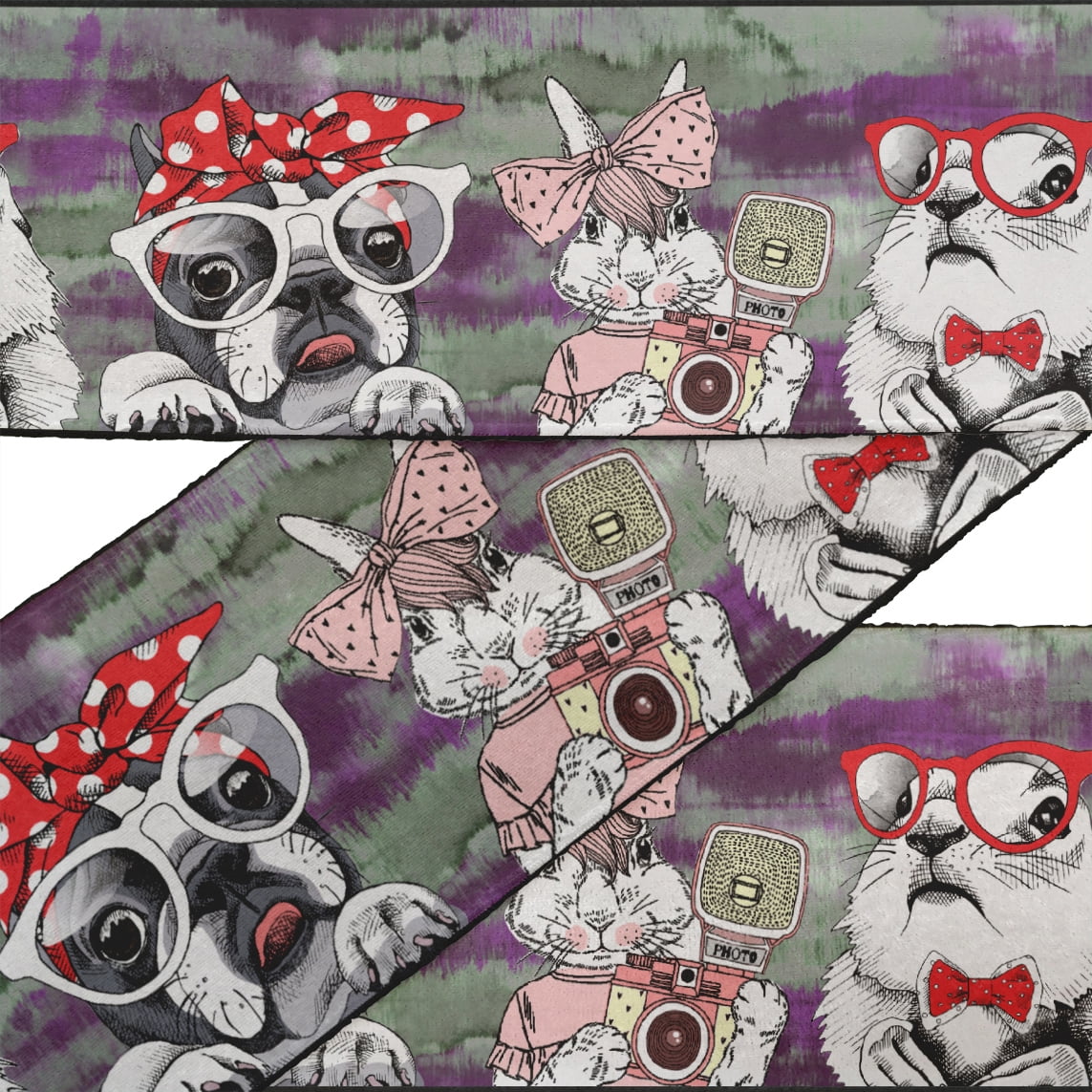 IBA Indianbeautifulart Purple Bow,Rabbit & Dog Kids Velvet&nbsp;Trim&nbsp;Fabric Sewing Fabric Lace Dressmaking Printed Sewing Lace 9 Yards 3 Inches