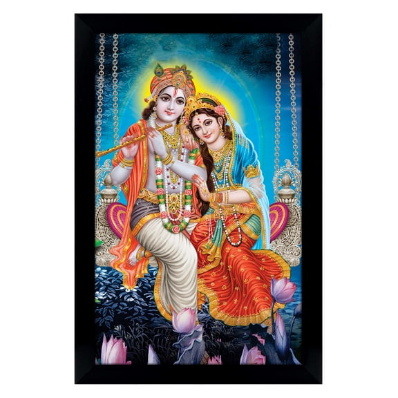 IBA Indianbeautifulart Radha Krishna On Swing Picture Frame Religious Poster Black Wall Frame Deity Photo Frame Wall Decor&nbsp;For Home/ Office/ Temple-10 x 12 Inches