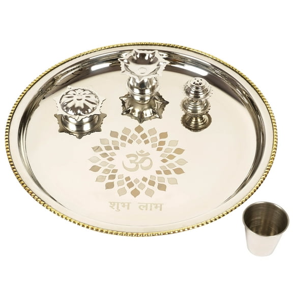 IBA Indianbeautifulart Traditional Handcrafted Thali Set Of 5 Ethnic Engraved Design Puja Plate Religious Diwali Decoration Aarti Thali For Temple