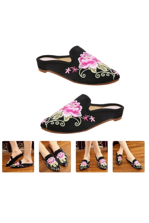 1 Pair Embroidered Shoes Black Ethnic Style Comfortable to Wear for Women Indoor Outdoor