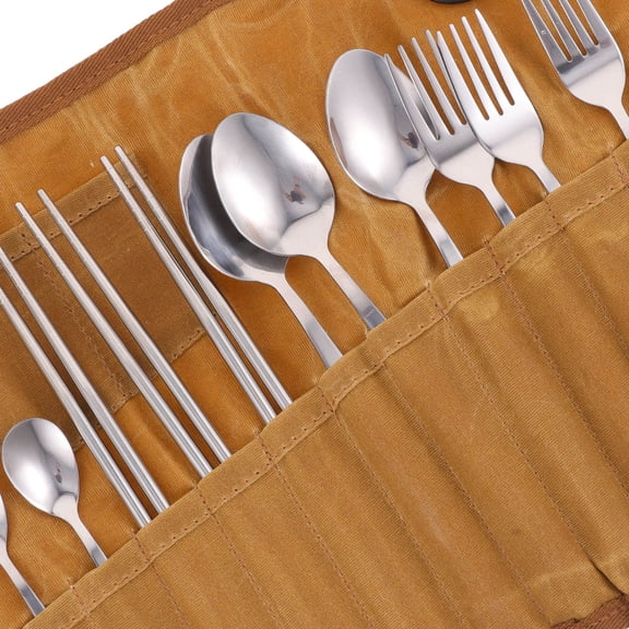 IBASETOY Camping Tableware Set Utensils with Bag for Outdoor Use Brown Stainless Steel Perfect for Picnics 1 Set