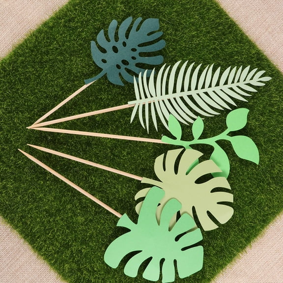 IBASETOY 14 Pcs Tropical Green Palm Leaves Cake Toppers Paper Decor for Summer Party and Birthday Cakes