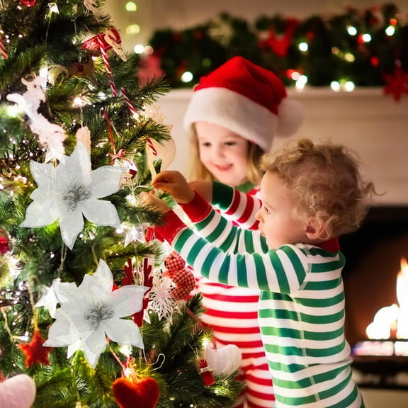 IBASETOY 18PCS Artificial Flower Ornament Silver Flower Shape Christmas Ornament For Holiday Event