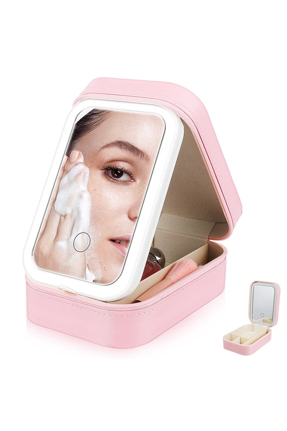 1Pack Makeup Bag With Mirror Pink 16 50X11 50X6 00In Led Lighting Adjustable Brightness