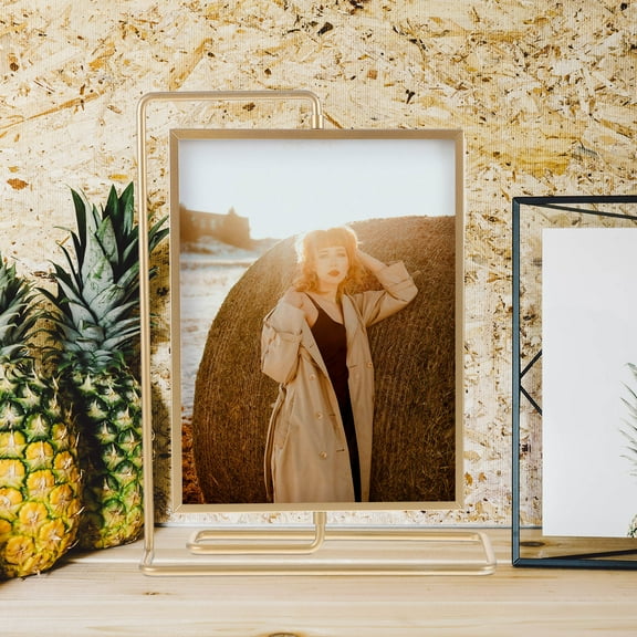 IBASETOY Double Sided Rotating Photo Frame Golden Metal Acrylic 360 Degree Rotatable Decor