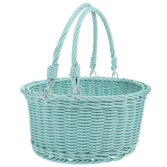 IBASETOY Handmade Blue Picnic Basket with Handle Rustic Woven Storage for Fruit and Snacks