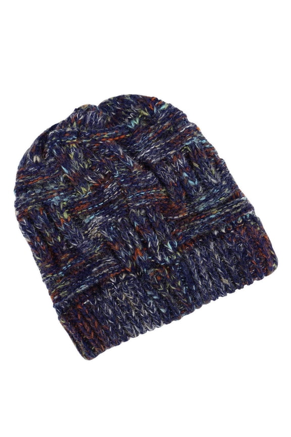 1Pc Navy Woolen Cap Warm Knitted Hat for Woman Stylish Ponytail Design Winter Wear