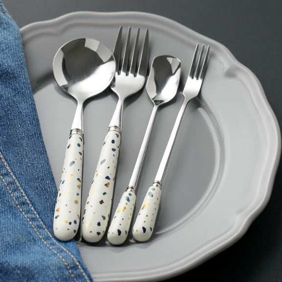 IBASETOY 2PCS Nordic Style Tableware Ceramic Handle Cutlery Stainless Steel Fork Spoon