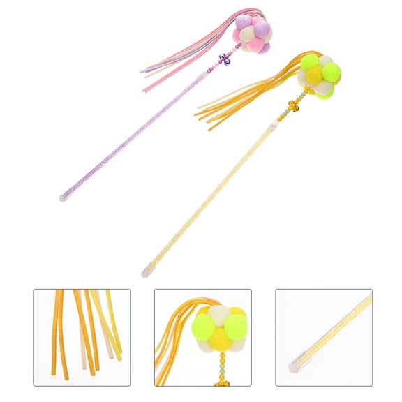 IBASETOY 2pcs Kitten Teaser Wand Cat Teaser Stick Yellow Plastic Keeps Fingers Safe Indoor Playtime