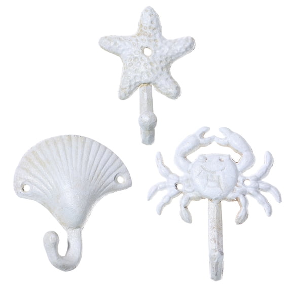 IBASETOY  3Pcs Iron Wall Hooks White Crab Sea Star Scallop Beach Home Decor