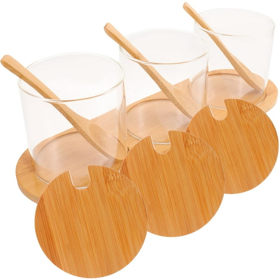 IBASETOY Bamboo and Glass Sugar Container with Lid Spoon and Tray for Home Space Saving Transparent 1 Set
