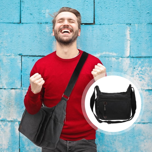 IBASETOY Black Canvas Messenger Bag for Men's MultiFunctional Business Shoulder Bag Perfect for Travel 15.5x5x12.5 Inches