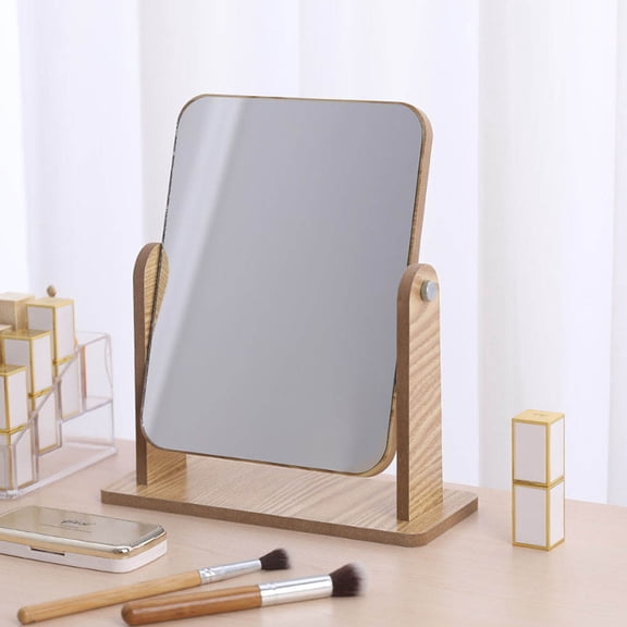 IBASETOY Rotatable Makeup Mirror with Stable Base and Khaki Wooden Frame for Home Vanity