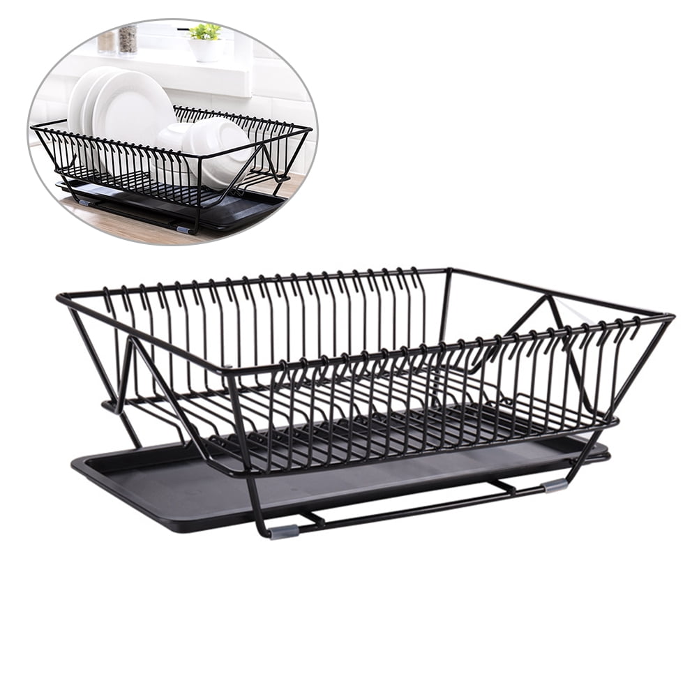IBASETOY Iron Steel Dish Drying Rack in Black with Hollow Drain Design and Water Draining Tray