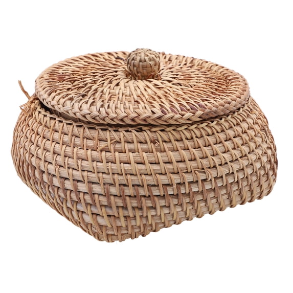 IBASETOY Rattan Woven Storage Organizer Basket with Lid Light Brown for Household Sundries
