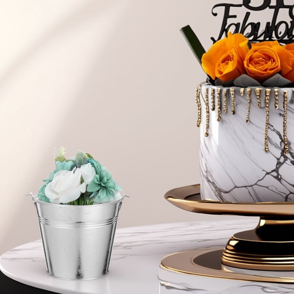 IBASETOY Small Plated Silver Iron Bucket with Handle for Rustic Flower Planter Party Favor Container