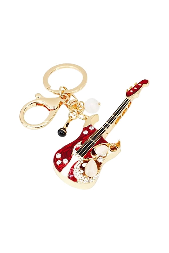Guitar Pendant Charm Keychain for Girls Red Metal 1Set