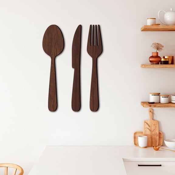 IBASETOY Natural Wooden Fork And Spoon Wall Art Kitchen Utensil Decor Rustic Wall Sign For Home Decoration