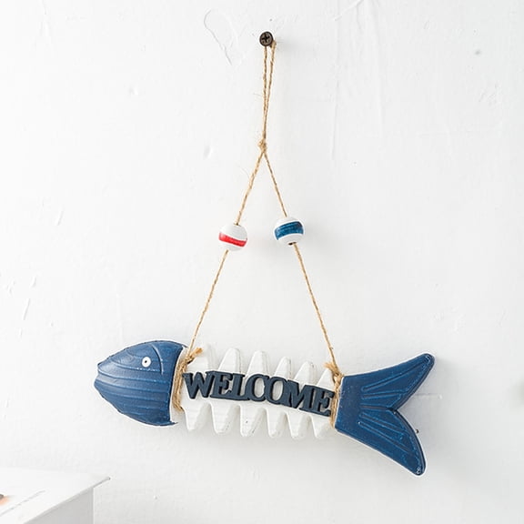 IBASETOY Nautical Wood Welcome Sign Fish Bone Wall Pendant Blue 1Pack