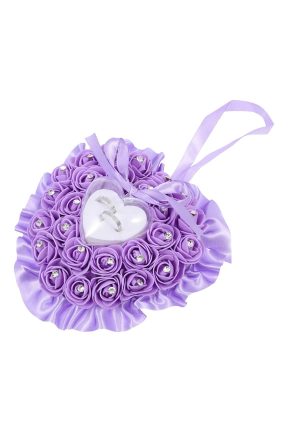 Heart Shape Purple Ring Pillow Case with Transparent Box and Rose Flowers