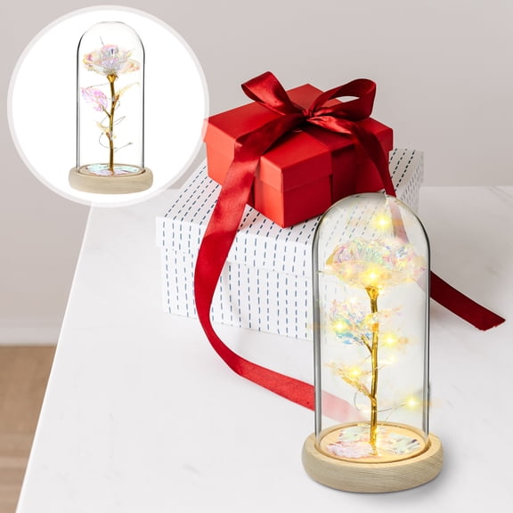 IBASETOY Lighted Rose Simulated Rose Model Transparent Glass Romantic Atmosphere for Home Decoration 1Set